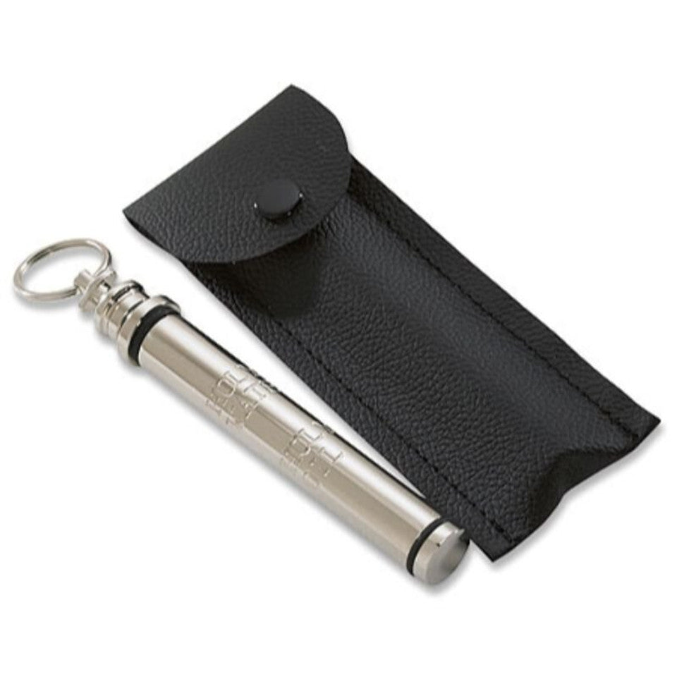 Portable metal holy water sprinkler with engraved cross and black leather case on white background