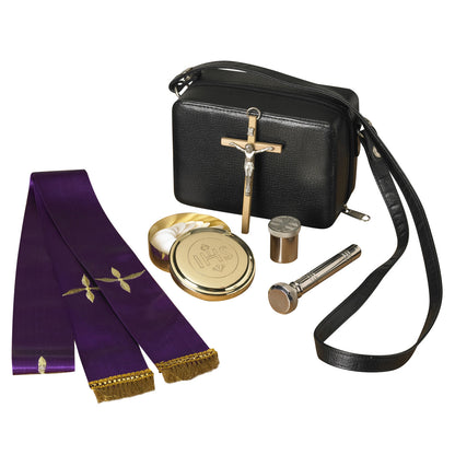 Traveling Pastoral Sick Call Set with purple stole, pyx with hosts, crucifix, and black carrying case on white background
