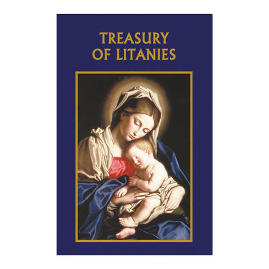 Treasury of Litanies prayer book with classic image of Virgin Mary holding baby Jesus, featuring over 30 traditional litanies.