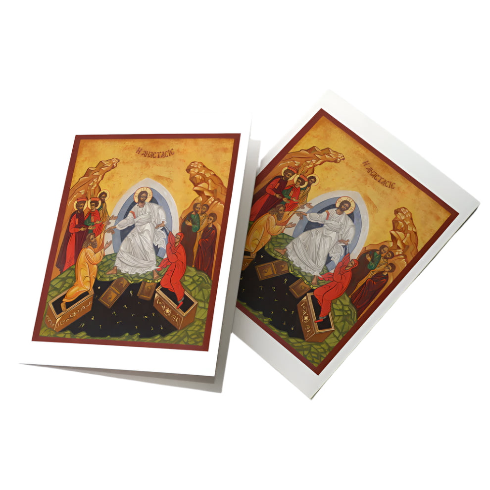 Triumph Over Death icon greeting card featuring traditional religious art with Christ rising from the tomb and surrounding figures