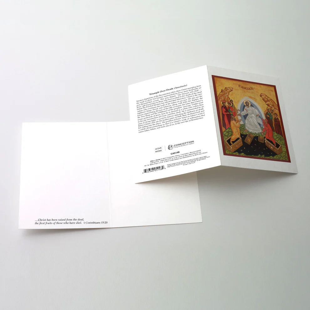 Triumph Over Death icon greeting card with 1 Corinthians 15:20 verse, blank inside for personal message, religious art design