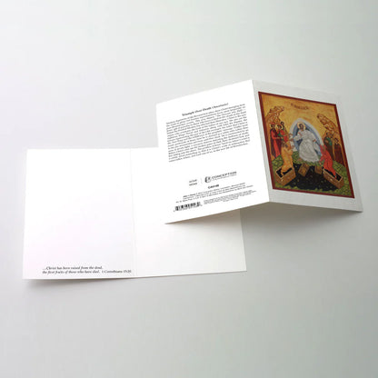 Triumph Over Death icon greeting card with 1 Corinthians 15:20 verse, blank inside for personal message, religious art design