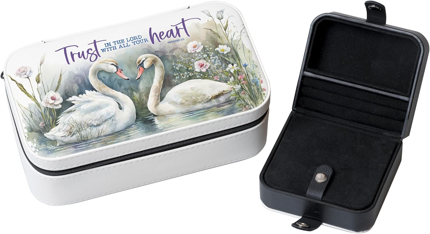 Trust In The Lord Jewelry Box with swan design, 4"x7" velvet interior, and secure snap closure for jewelry storage.