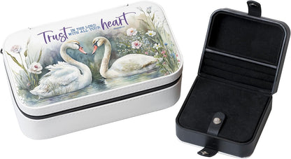 Trust In The Lord Jewelry Box with swan design, 4"x7" velvet interior, and secure snap closure for jewelry storage.