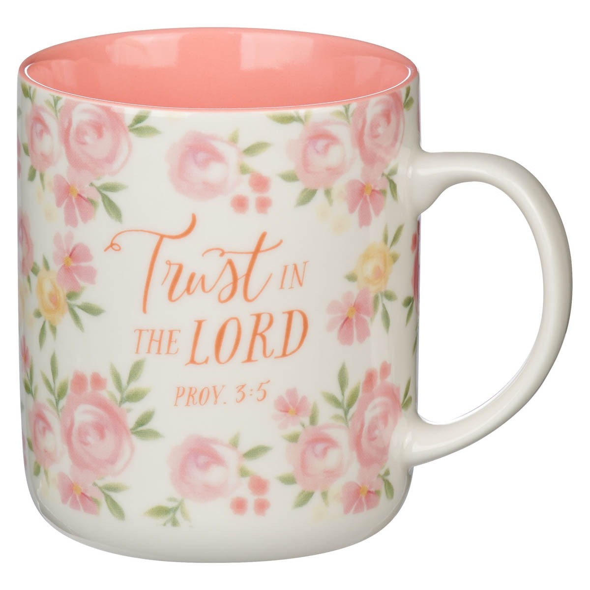 Ceramic coffee mug with pink rose floral design and Proverbs 3:5 scripture, pink interior and white handle