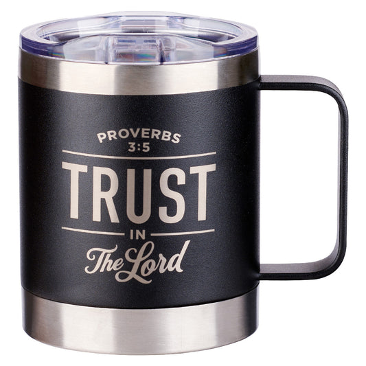 Trust in the LORD Black Camp-style Stainless Steel Mug  Proverbs 3:5 - Unique Catholic Gifts