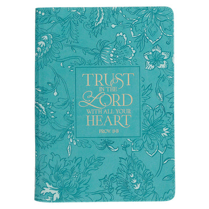 Teal faux leather journal with floral design and gold foil "Trust in the Lord with all your heart" Proverbs 3:5 text