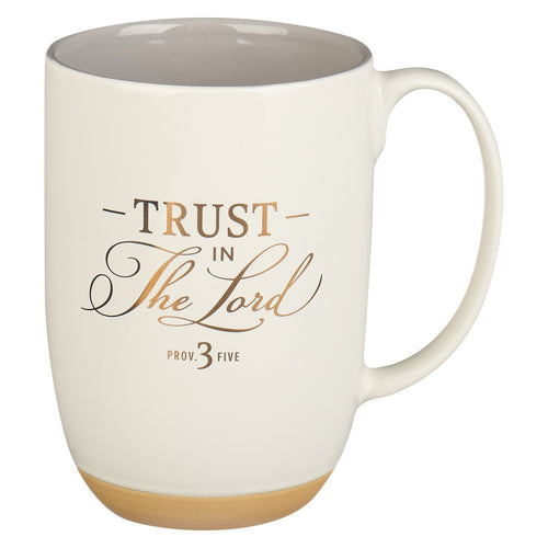 White ceramic coffee mug with exposed clay base and Proverbs 3:5 "Trust in the Lord" scripture design