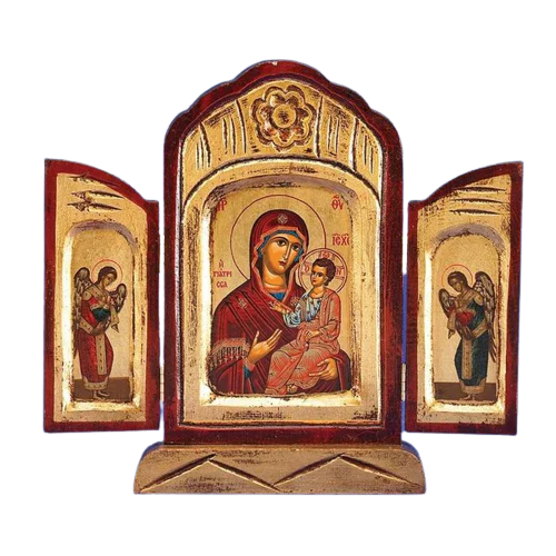 Triptych icon featuring the Virgin Mary with Child Jesus center, flanked by two archangels with golden and red accents