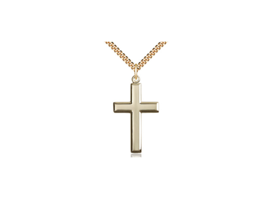14kt Gold Filled Cross Pendant on a 24 inch Gold Plate Heavy Curb Chain.