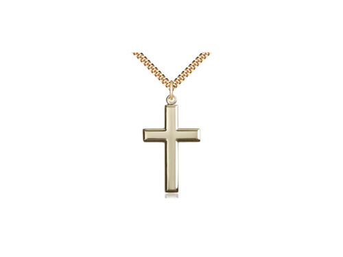 14kt Gold Filled Cross Pendant on a 24 inch Gold Plate Heavy Curb Chain.