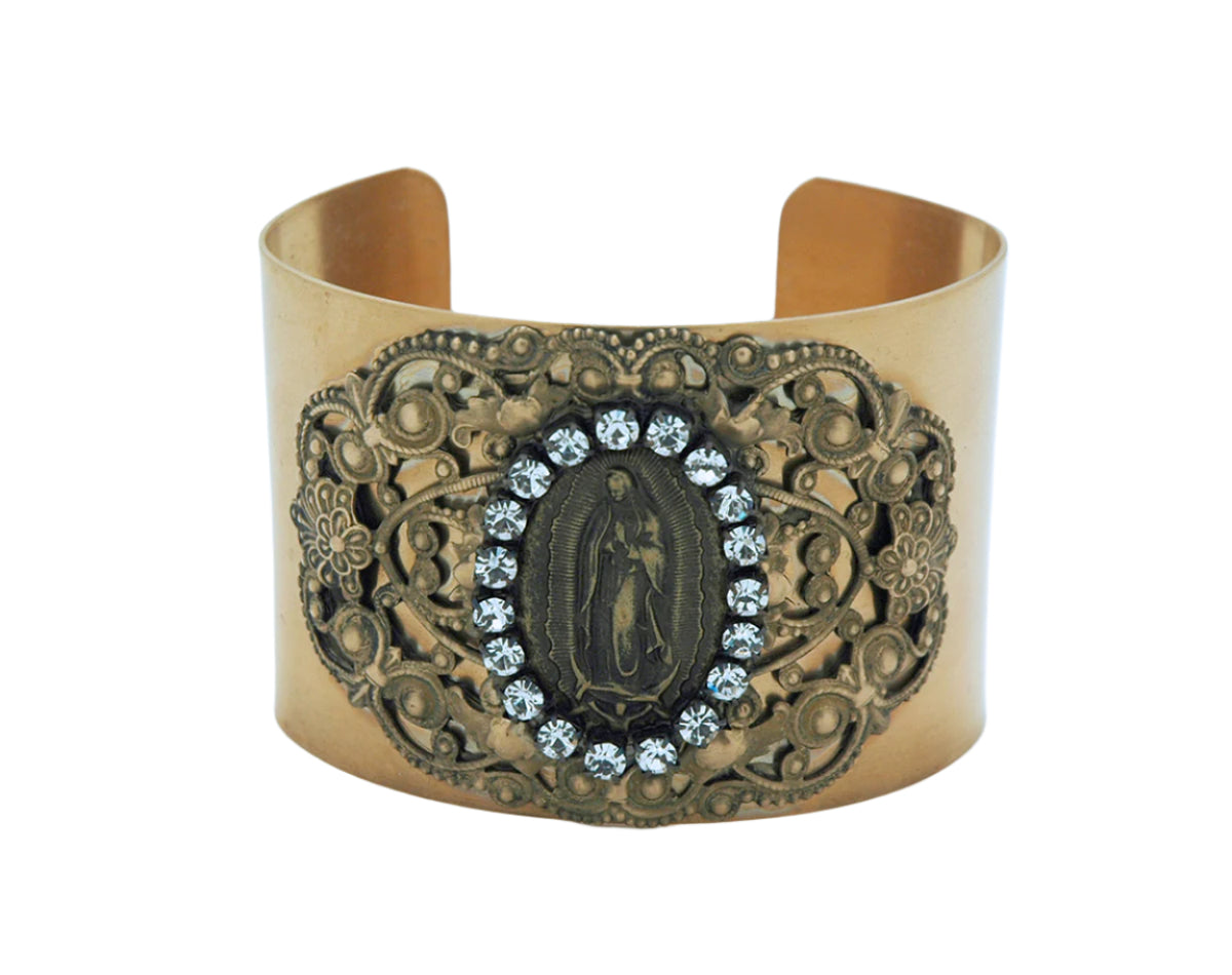 Vintage-style cuff bracelet with detailed Guadalupe medal and clear sparkling Swarovski crystal accents