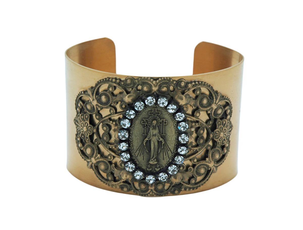 Vintage style cuff bracelet with Miraculous Medal centerpiece surrounded by clear Swarovski crystals and antique finish details