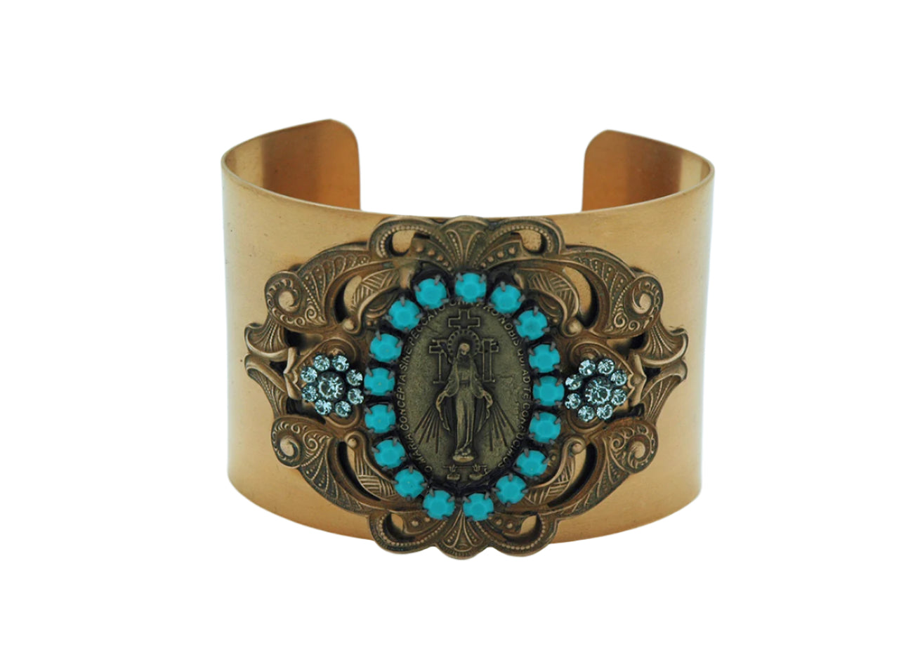 Vintage style cuff bracelet with detailed Miraculous Medal and turquoise Swarovski crystals on antique gold finish band
