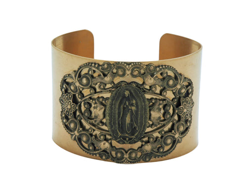 Vintage style cuff bracelet with detailed Guadalupe medal and ornate antique finish on wide gold-tone band