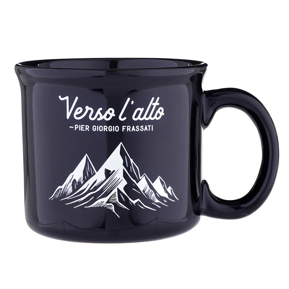 Black ceramic mug with white mountain design and "Verso l'alto Pier Giorgio Frassati" script on front