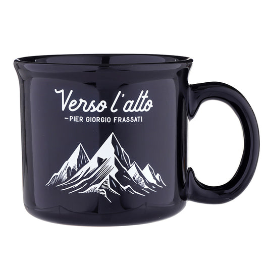 Black ceramic mug with "Verso l'alto Pier Giorgio Frassati" text and white mountain illustration on front
