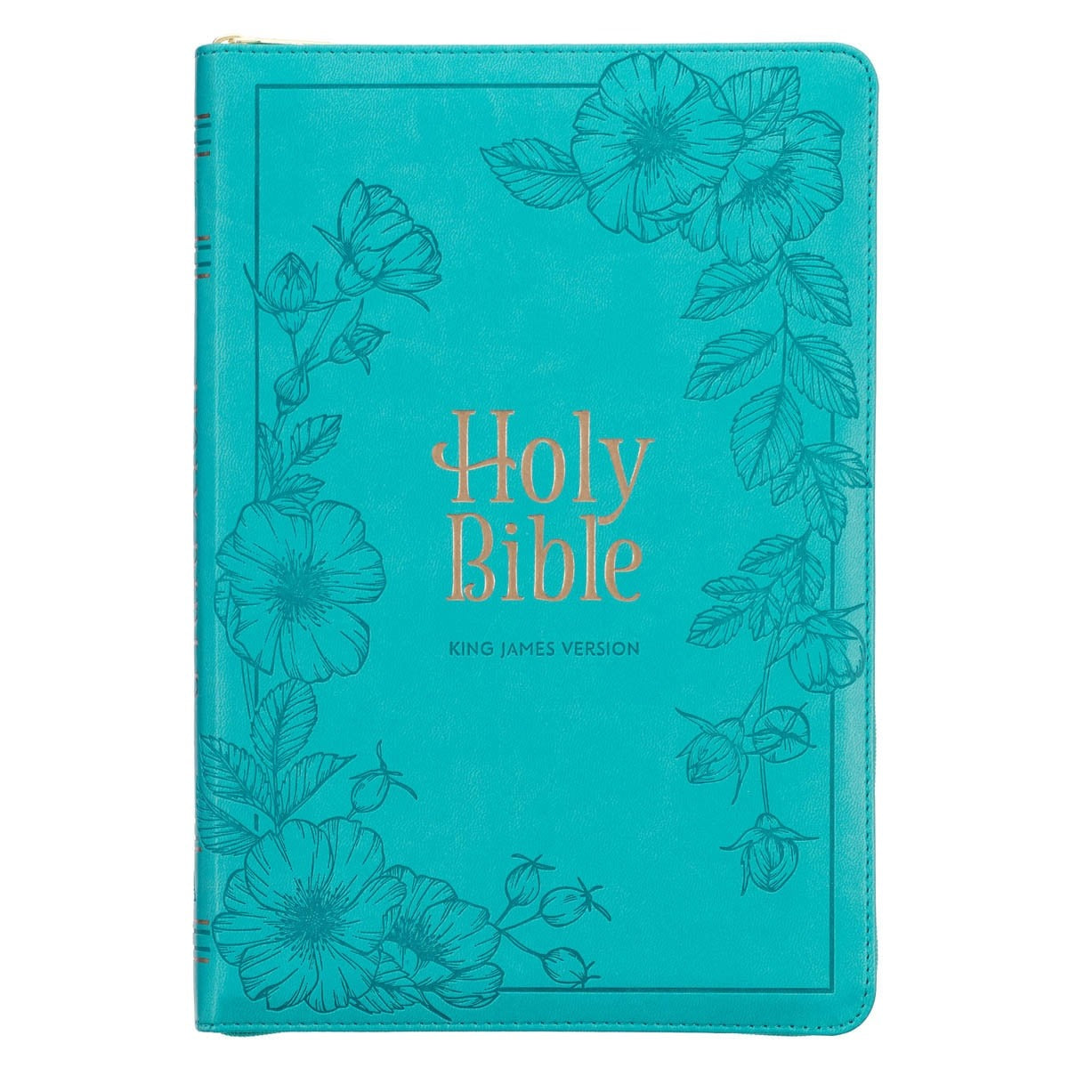 Vibrant teal faux leather King James Version Bible with floral embossing, large print, zippered closure, and thumb index