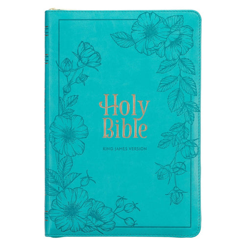 Vibrant teal faux leather King James Version Bible with floral embossing, large print, zippered closure, and thumb index