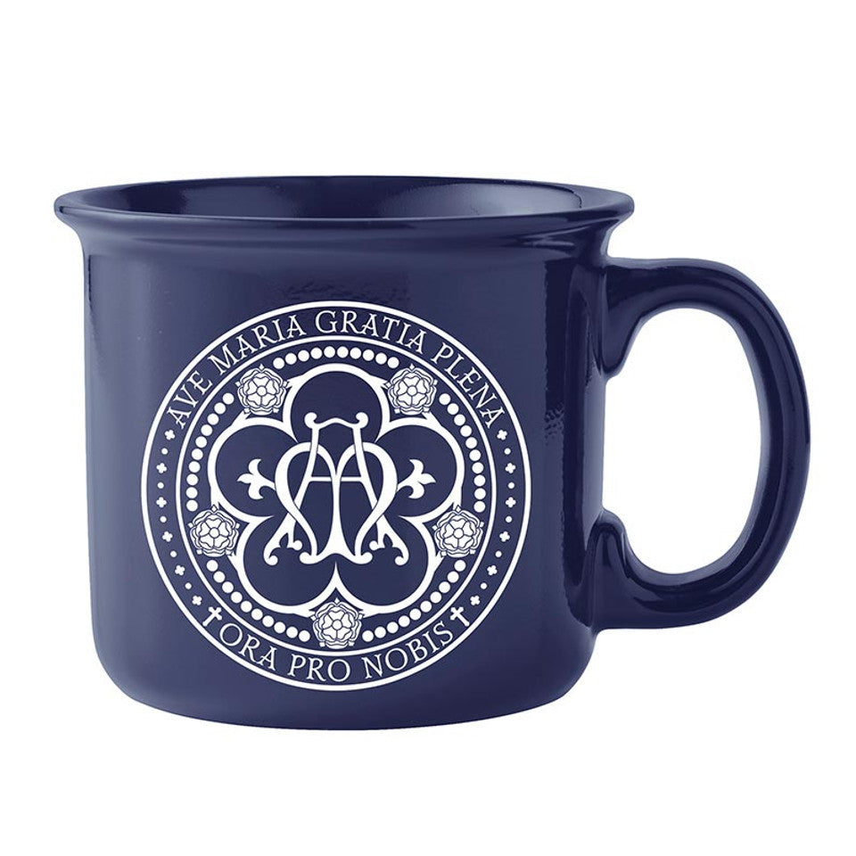 Navy blue Ave Maria Gift Mug with white religious emblem and Latin prayer text, 13-ounce ceramic coffee cup