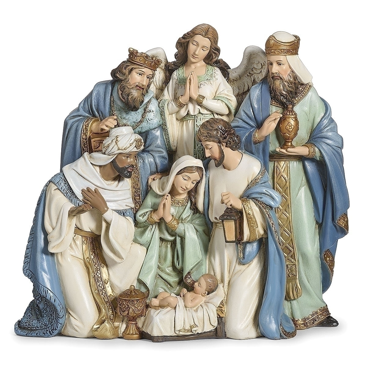 8 1/2" Visitation of the Kings nativity statue in stone resin with Mary, Joseph, baby Jesus, three kings, and angel details