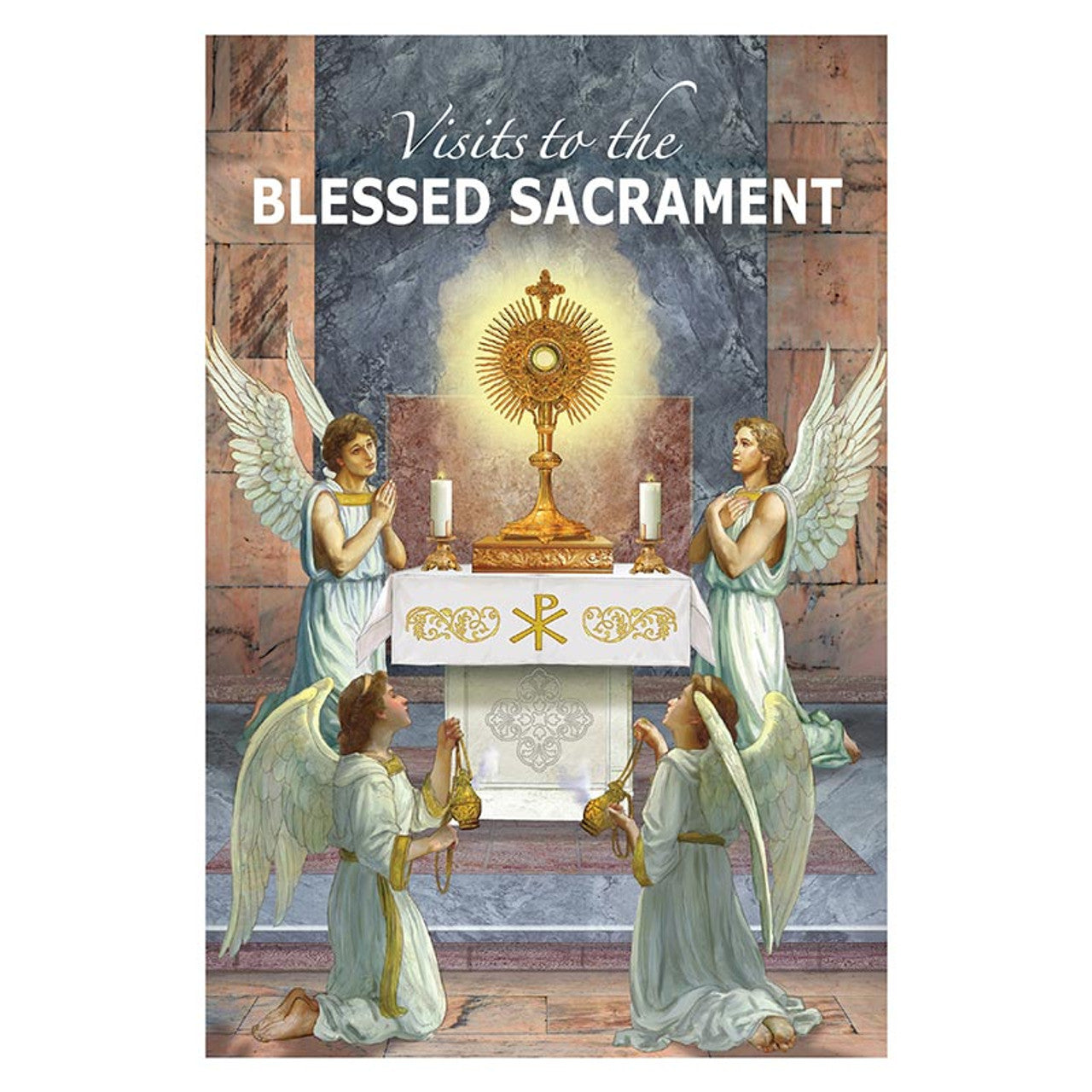 Religious illustration of angels worshipping the Blessed Sacrament on altar with candles and sacred symbols