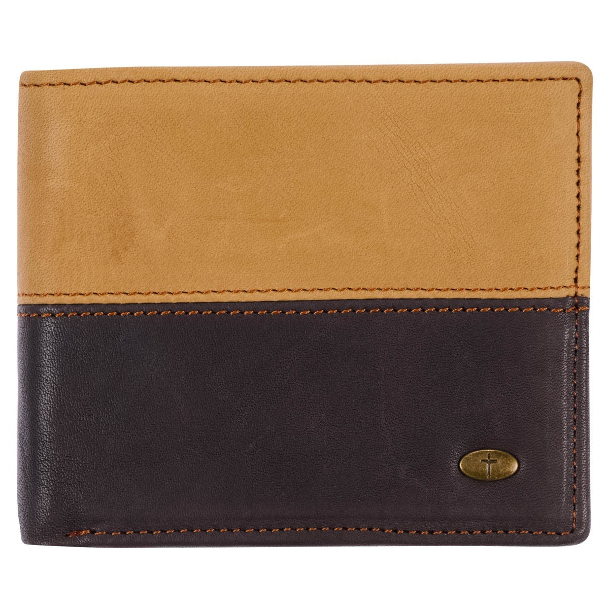 Two-tone dark brown and camel tan leather wallet with cross badge and minimalist stitched design for men