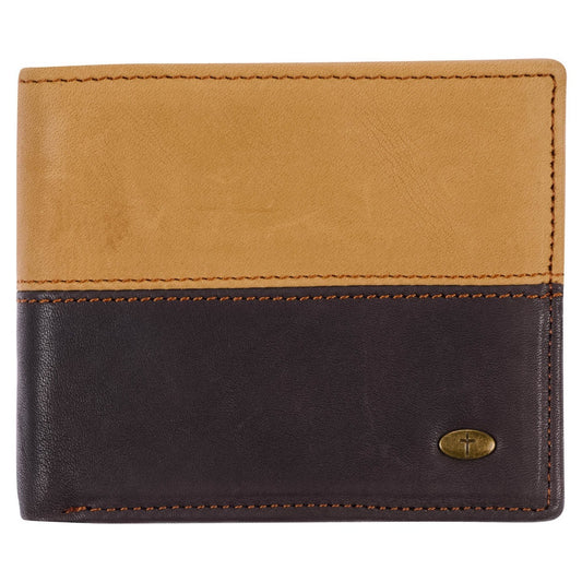Two-tone dark brown and camel tan leather wallet with cross badge and minimalist stitched design for men