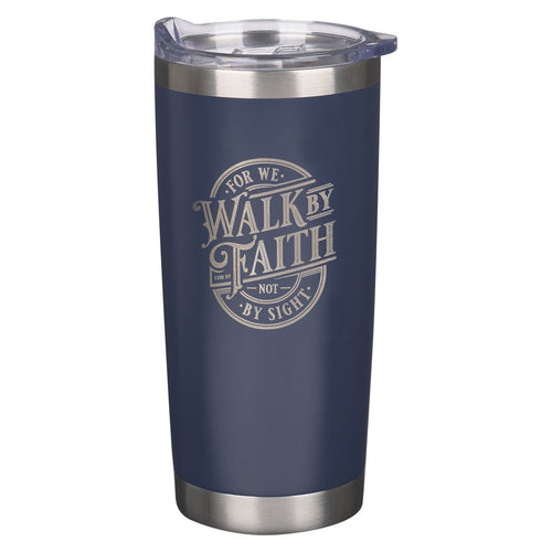 Walk By Faith navy stainless steel travel tumbler with clear lid and inspirational 2 Corinthians 5:7 scripture design