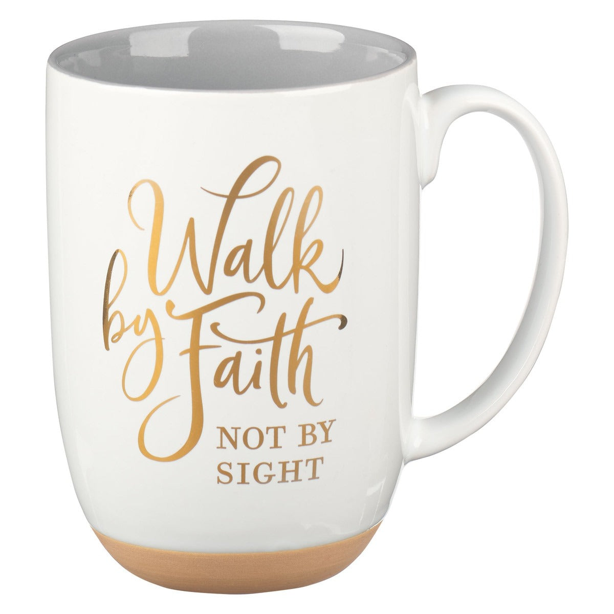 White ceramic coffee mug with gold "Walk by Faith not by Sight" text and exposed natural clay base on white background