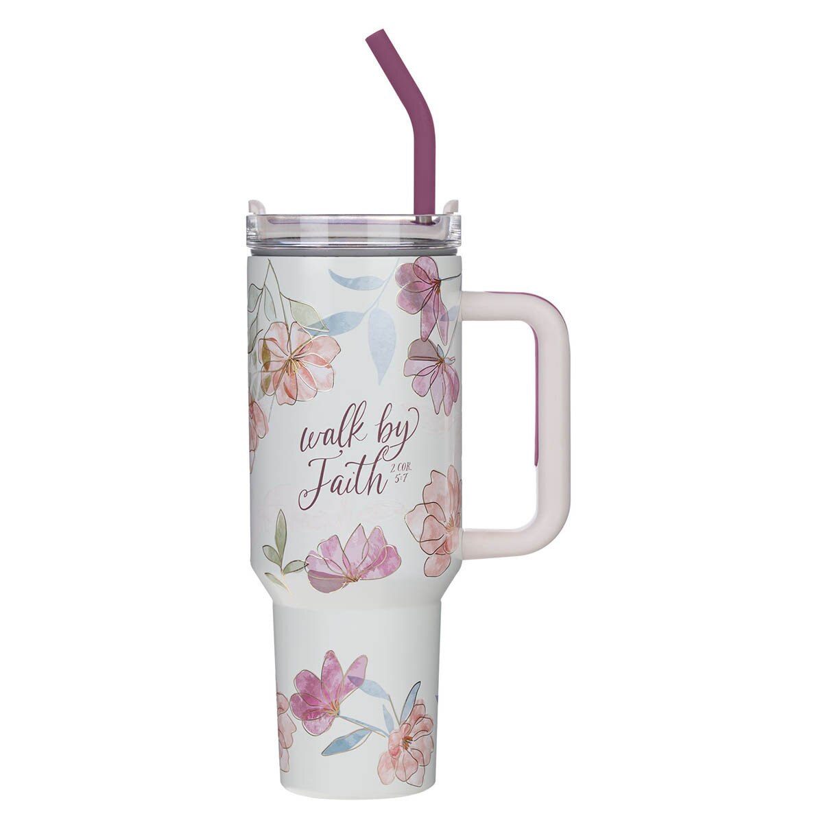 Walk by Faith Pink Cosmos 40 oz Stainless Steel Tumbler with Straw - 2 Corinthians 5:7