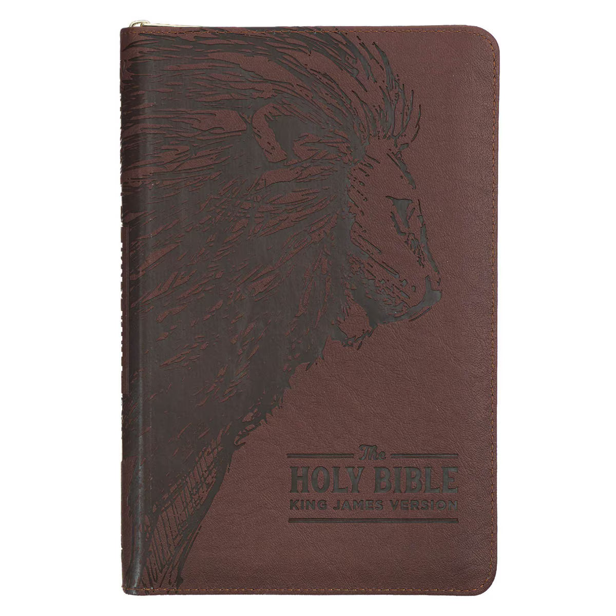 Walnut brown faux leather King James Version Deluxe Gift Bible with lion silhouette, thumb index, and zippered closure
