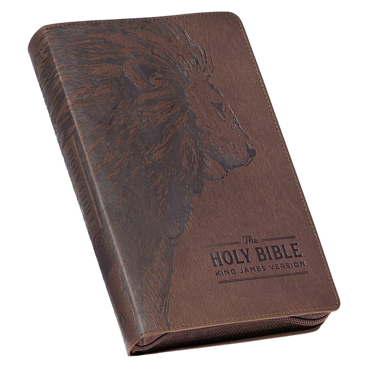 Walnut brown faux leather King James Version Deluxe Bible with lion silhouette, thumb index, and zippered closure