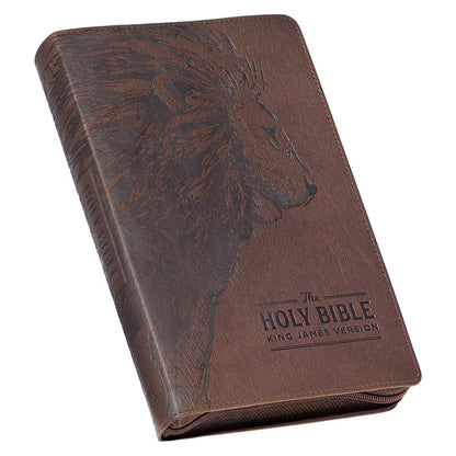 Walnut brown faux leather King James Version Deluxe Bible with lion silhouette, thumb index, and zippered closure