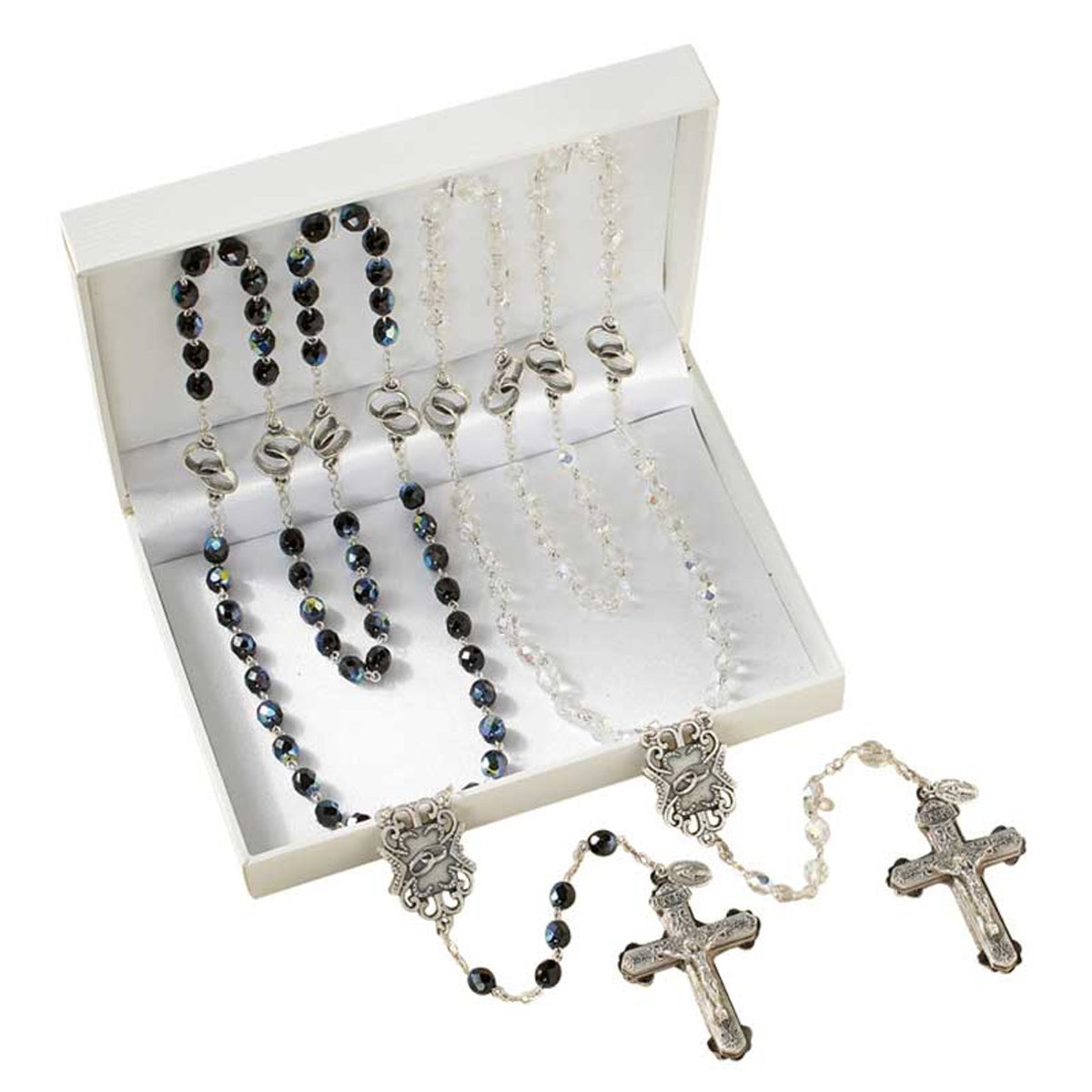 His and Hers wedding rosaries gift set with handcrafted oxidized silver crucifixes and interlocking rings centerpiece