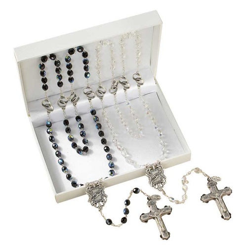 His and Hers wedding rosaries gift set with handcrafted oxidized silver crucifixes and interlocking rings centerpiece