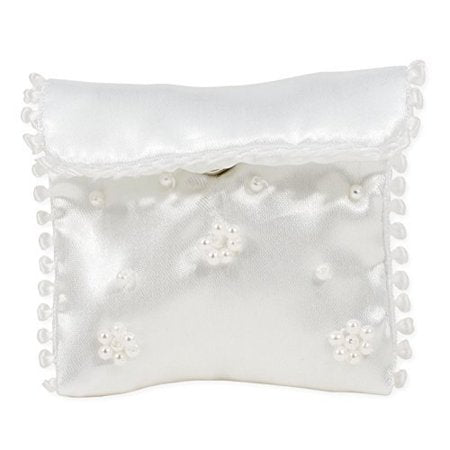 White satin beaded Communion rosary bag with floral bead accents and scalloped edge, 2.5 inches high for special occasions