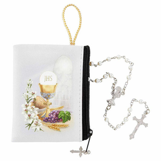 White First Communion Rosary with Case