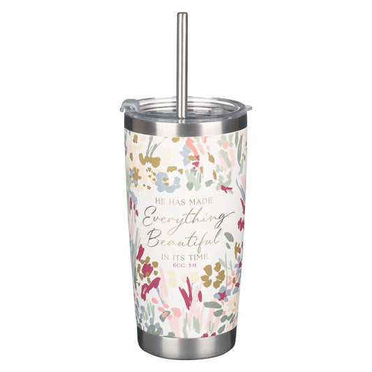 White floral stainless steel travel mug with Ecclesiastes 3:11 scripture and reusable stainless steel straw