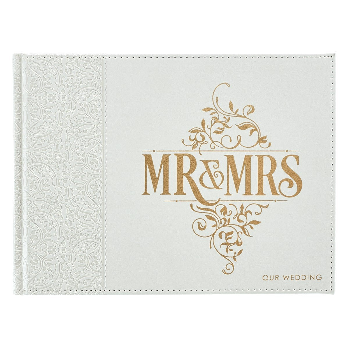 White Lace Mr. & Mrs. wedding guest book with gold foil lettering and intricate lace pattern on white cover