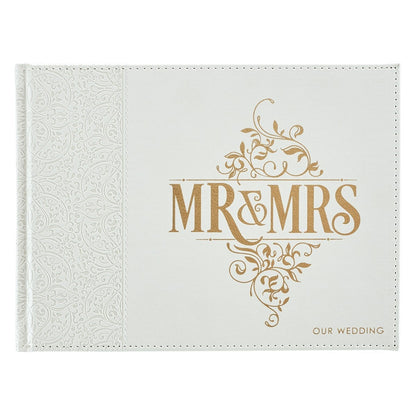 White Lace Mr. & Mrs. wedding guest book with gold foil lettering and intricate lace pattern on white cover