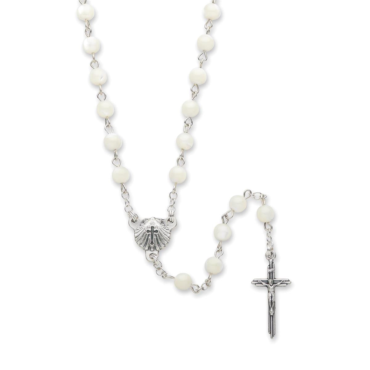 White Mother of Pearl Baptism Rosary in Gift Box