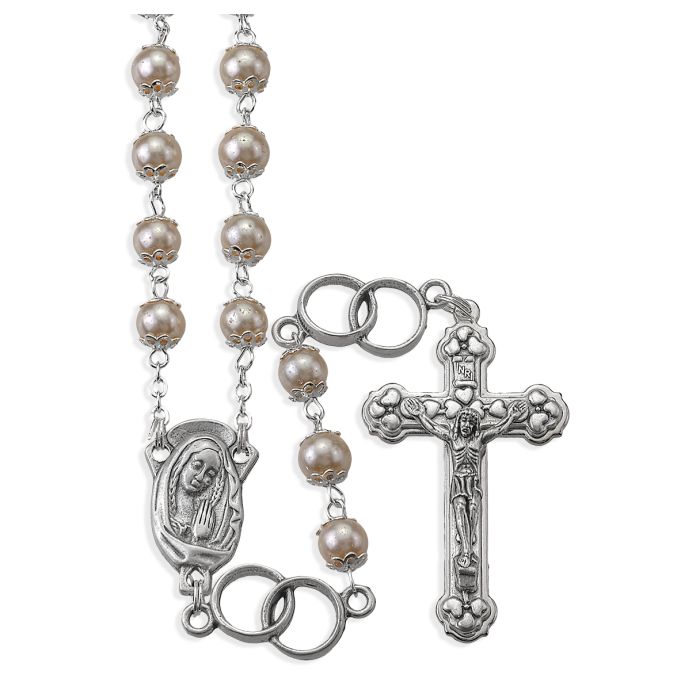 White Pearl Bead Silver Wedding Ring Rosary - Unique Catholic Gifts