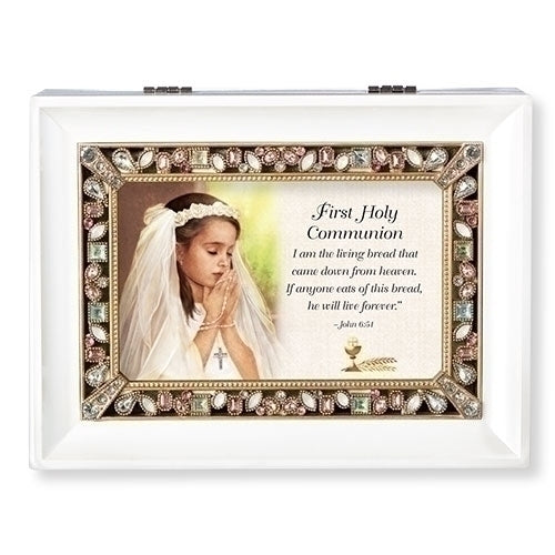 White wood musical keepsake box with praying girl image, scripture, and decorative jeweled border for First Holy Communion