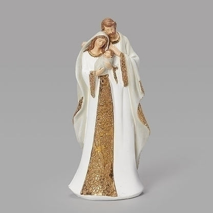 10" white and gold Holy Family statue featuring detailed patterns and serene expressions, perfect for Christmas décor.