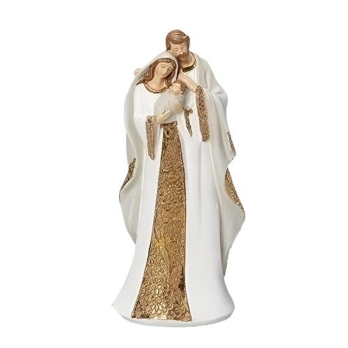White and gold pattern Holy Family statue, 10 inches tall, featuring Mary, Joseph, and baby Jesus in serene pose