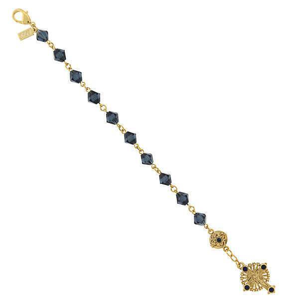 14K gold-dipped bracelet with lantern cut Montana blue beads and lapis blue enamel crucifix charm