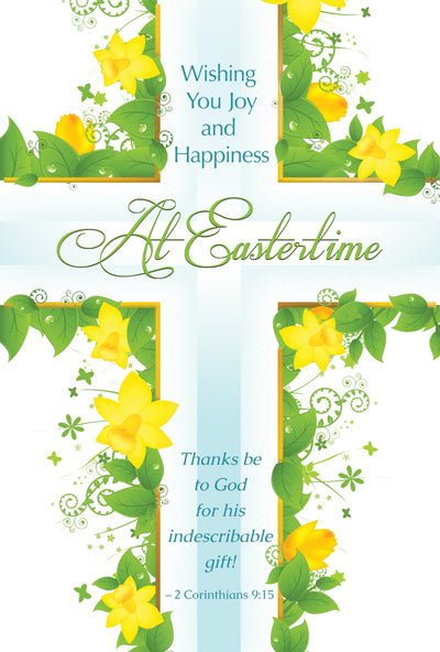 Easter greeting card with yellow daffodils, green leaves, and embossed blessing from 2 Corinthians 9:15 in gold foil accents