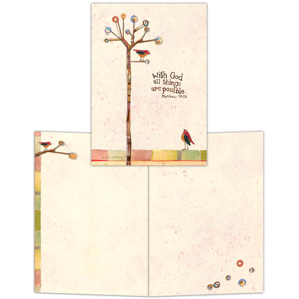 Boxed blank note card featuring tall stylized tree with two birds and scripture Matthew 19:26 "With God all things are possible