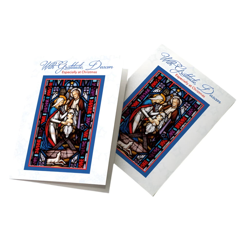 With Gratitude Deacon Especially at Christmas card featuring stained glass nativity scene and scripture inside text